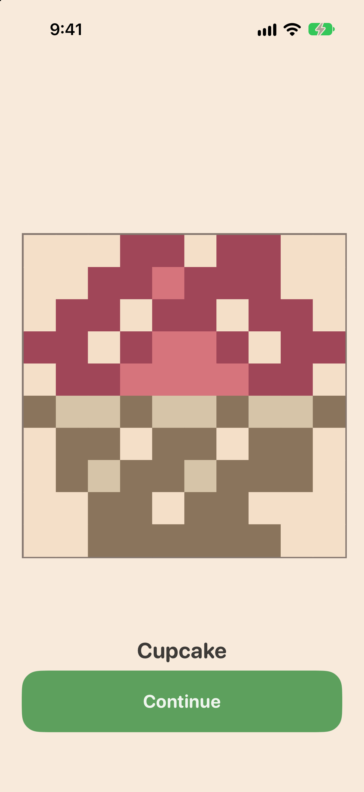 A completed puzzle shown as finished pixel art: a cupcake with maroon frosting and a pink swirl on top, in a brown fluted wrapper on a cream ground, captioned Cupcake, with a green Continue button underneath.