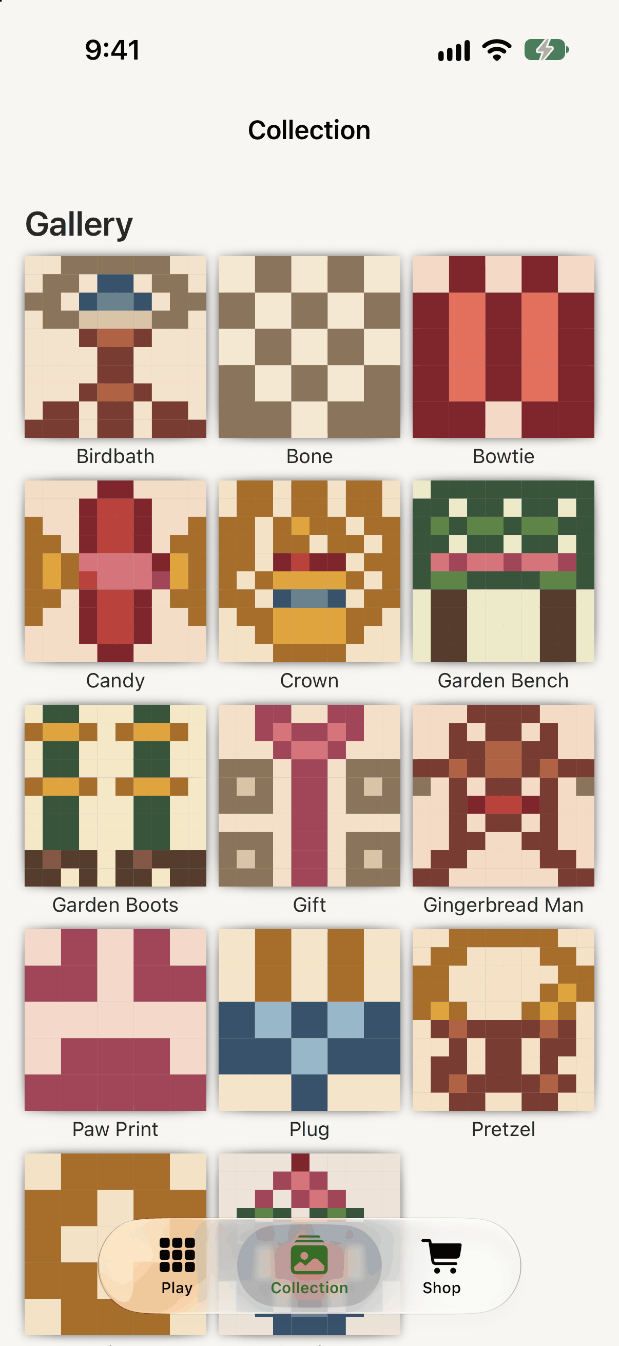 The Collection gallery: a grid of finished pixel pictures with their names underneath — Birdbath, Bone, Bowtie, Candy, Crown, Garden Bench, Garden Boots, Gift, Gingerbread Man, Paw Print, Plug and Pretzel — with the gallery continuing below a Play, Collection and Shop tab bar.
