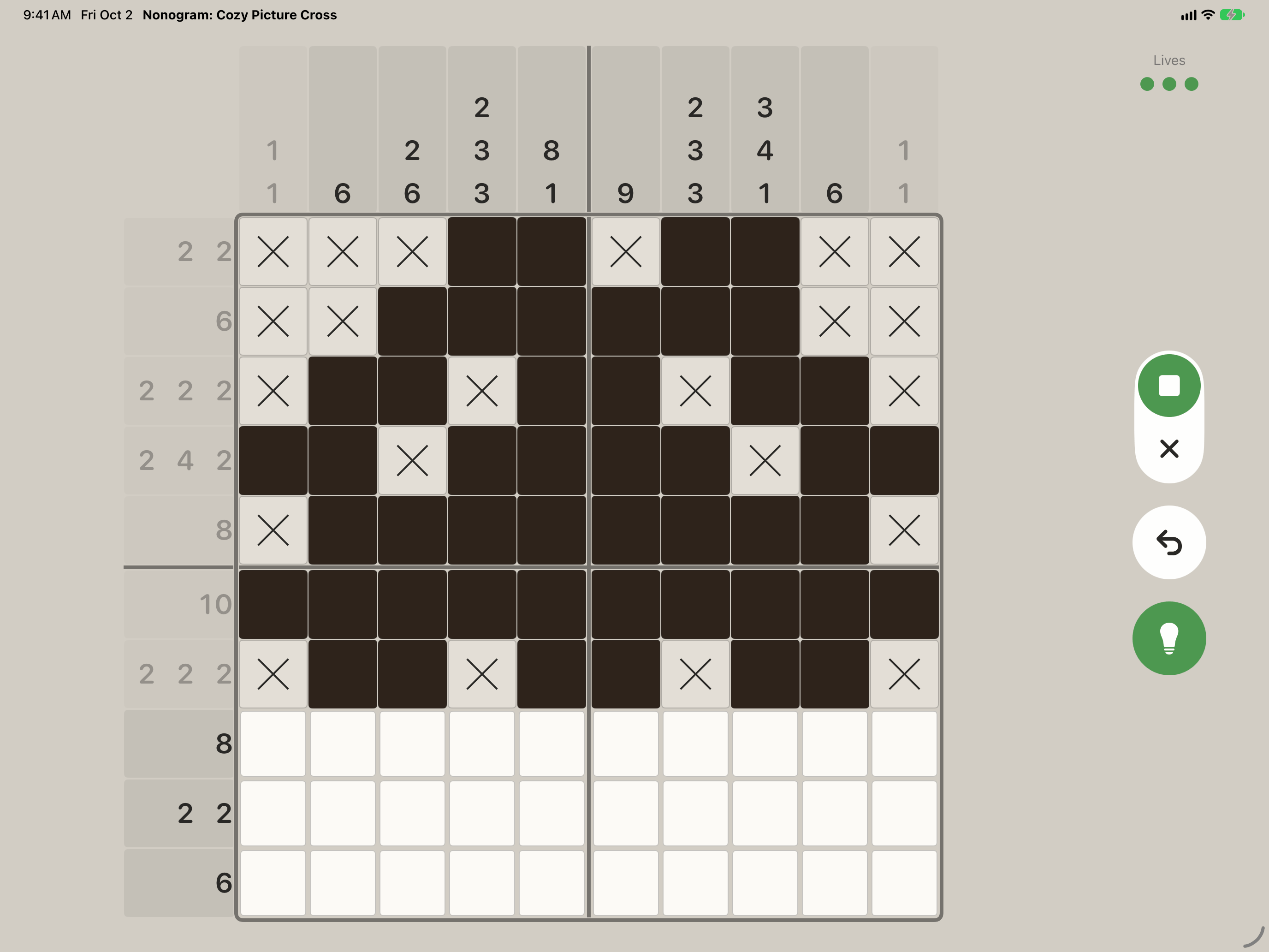 The same ten by ten puzzle on iPad in landscape, with the app name and date in the top bar, the board filling most of the screen, large clue numbers above the columns and beside the rows, a Lives label with three dots top right, and the fill-or-cross, undo and hint controls stacked down the right edge.
